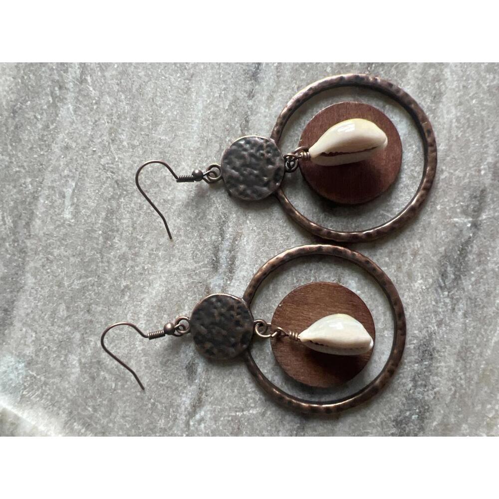 Boho Style Hammered Metal and Wood Hoop Earrings with Shell Accent